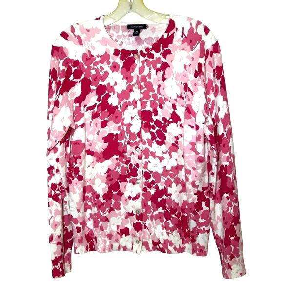 Lands End Women’s Long Sleeve Floral Print Cardigan Pink/White Size Medium - Picture 1 of 7